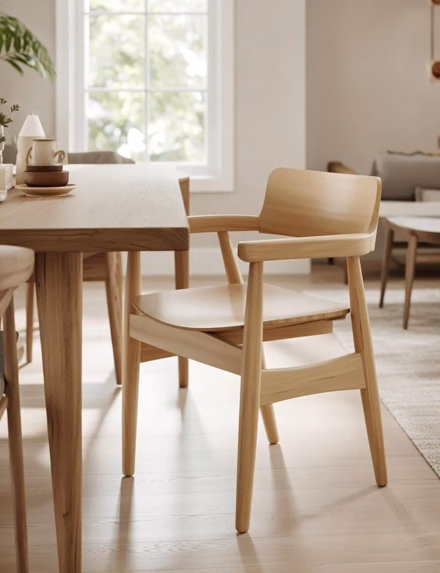 Poltrona moderna con braccioli in legno, color beige, ideale per la sala da pranzo e l'ufficio