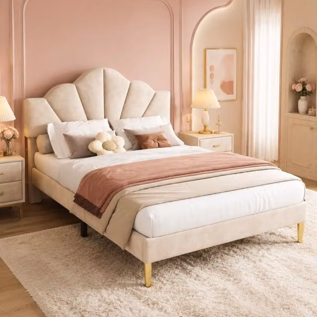 Letto imbottito 140x200 cm con testiera regolabile in velluto beige e gambe in ferro