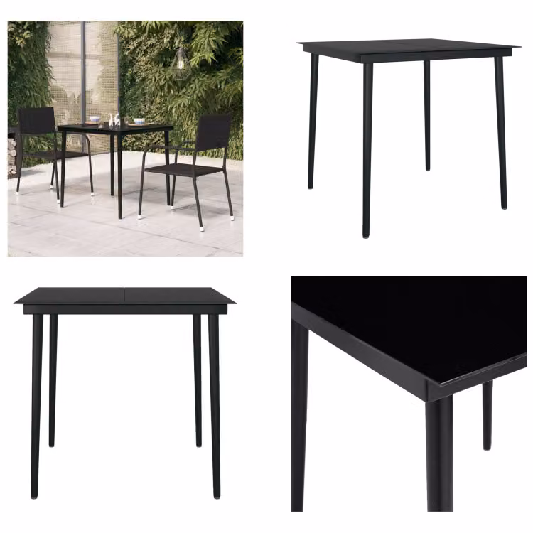 vidaXL Tavolo da pranzo da giardino nero 80x80x74 cm in acciaio e vetro - Tavolo da pranzo da giardino - Tavoli da pranzo da giardino - Tavolo da pranzo da esterno - Tavolo da patio