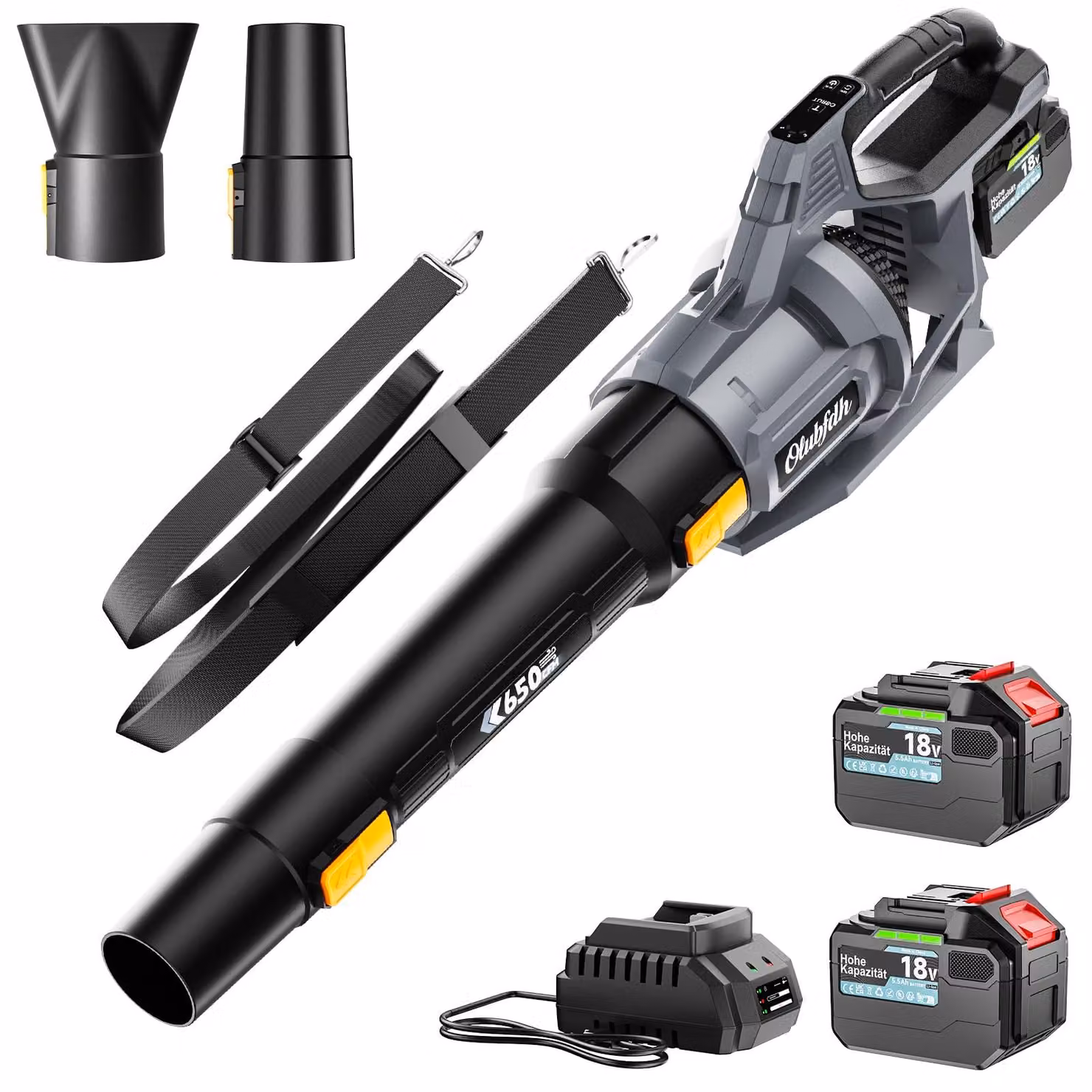 Soffiatore a batteria - 18V, con 2 batterie da 5,5 Ah - Velocità dell'aria: 265 km/h - Colore: grigio