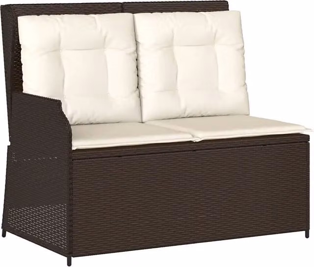 Panchina da giardino moderna in rattan e metallo con cuscini in tessuto, colore marrone e bianco