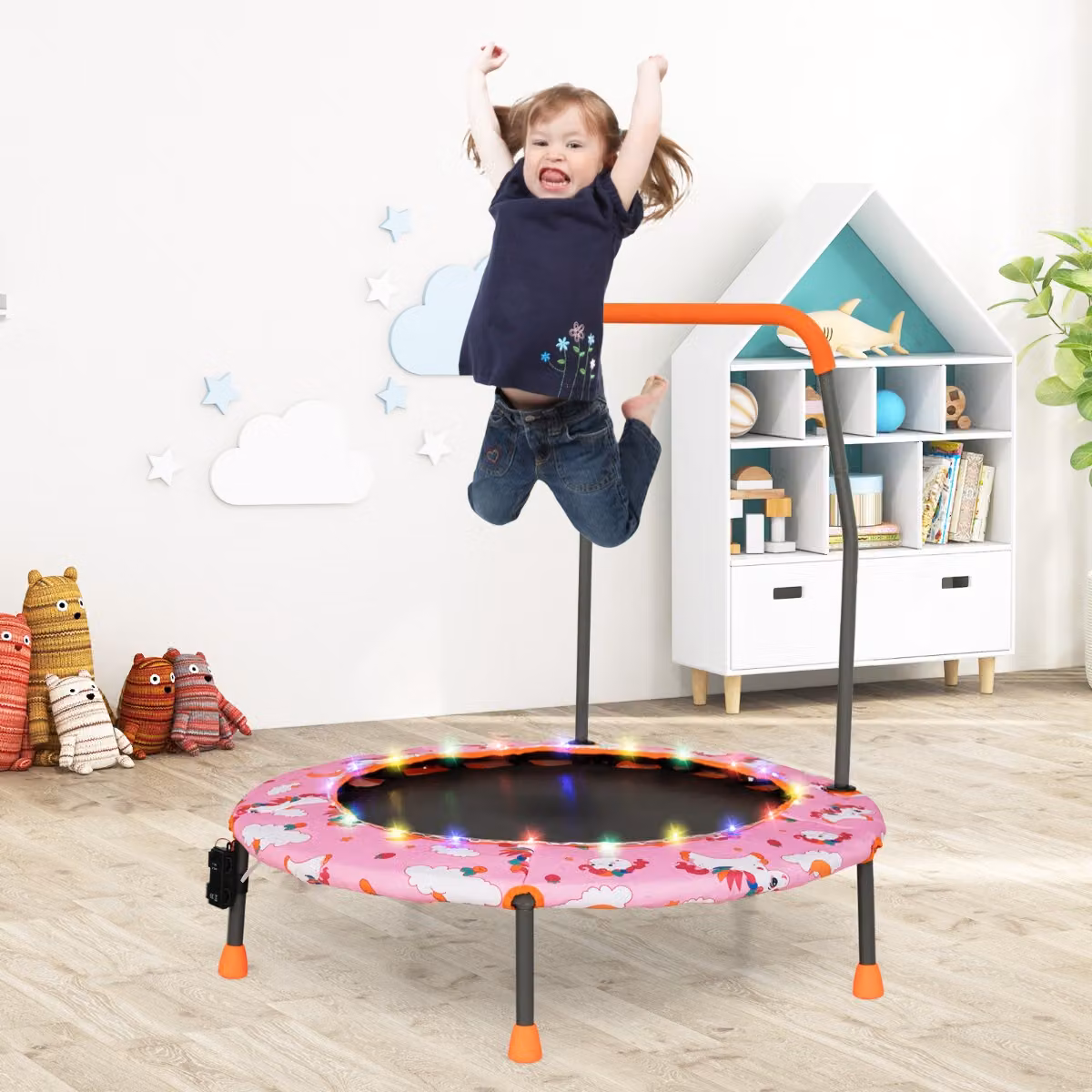 Mini trampolino Costway per bambini con luci LED, tappeto rotondo rosa, Diametro: 92 cm