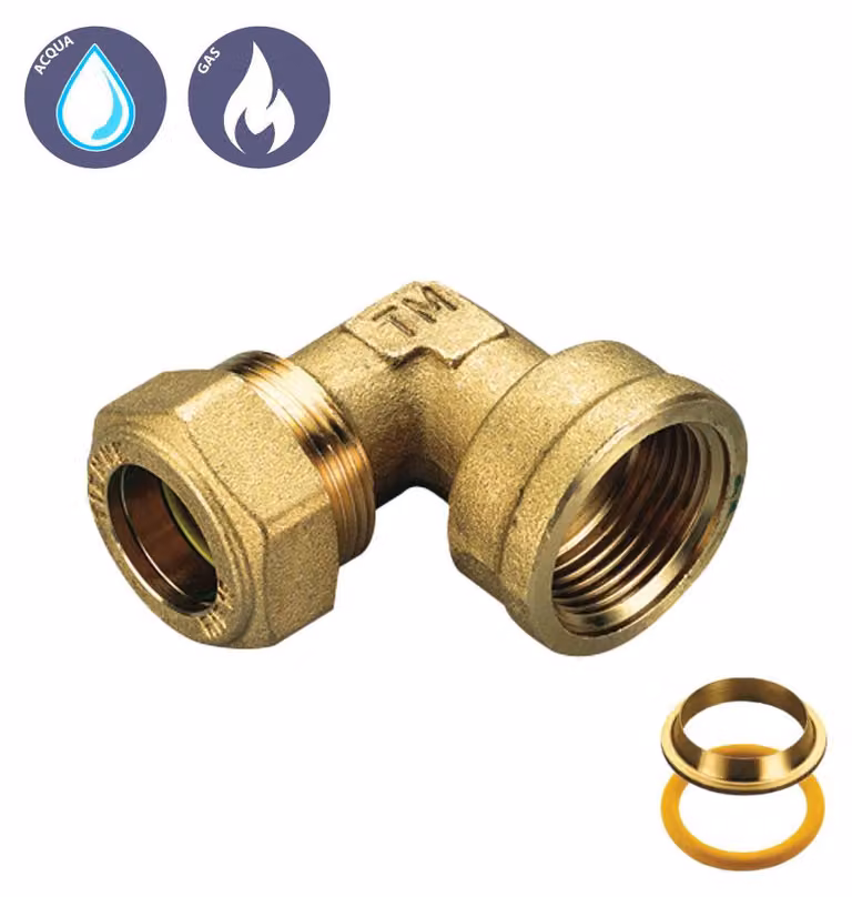 RACCORDO CURVO FEMMINA A COMPRESSIONE CON O-RING GIALLO PER GAS TIEMME Ø18 x 1/2"