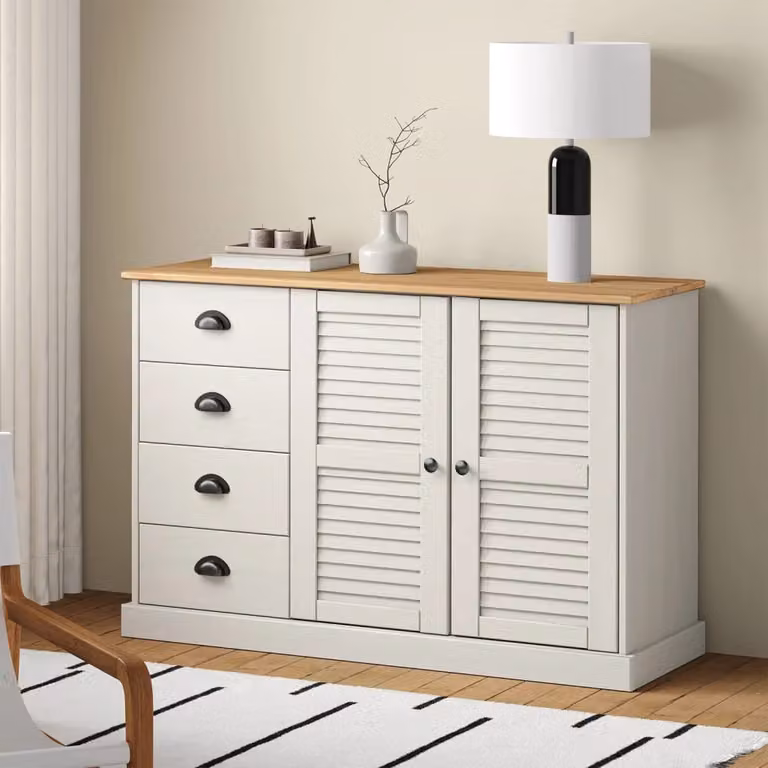 vidaXL Credenza VIGO in legno massello di pino bianco con cassetti, stile rustico, L/P/H: 113 x 40 x 75 cm