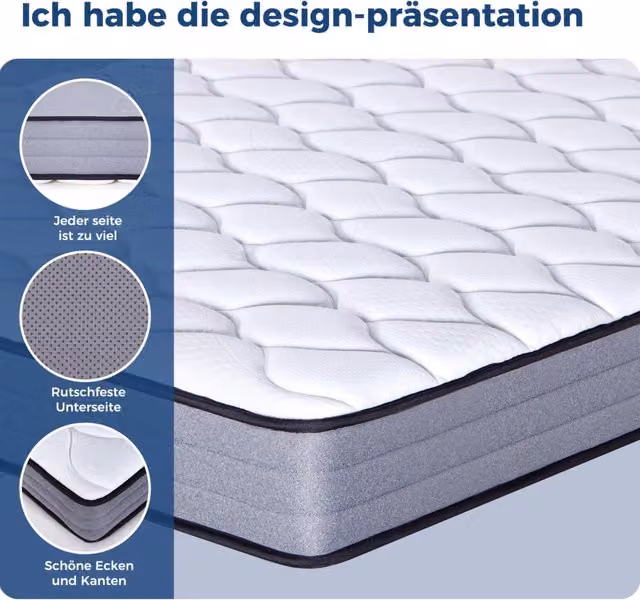 Materasso ibrido a molle insacchettate 7 zone con schiuma memory, colore bianco e grigio, altezza 20 cm, rigidità H3 – 1