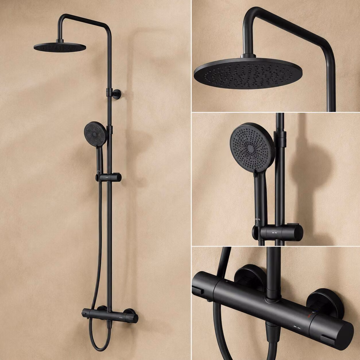 Sistema doccia AM.PM con termostato, doccia a pioggia Ø 25 cm, miscelatore termostatico per doccia, set completo con colonna doccia, tecnologia Air-in, colore nero, modello F078Y422