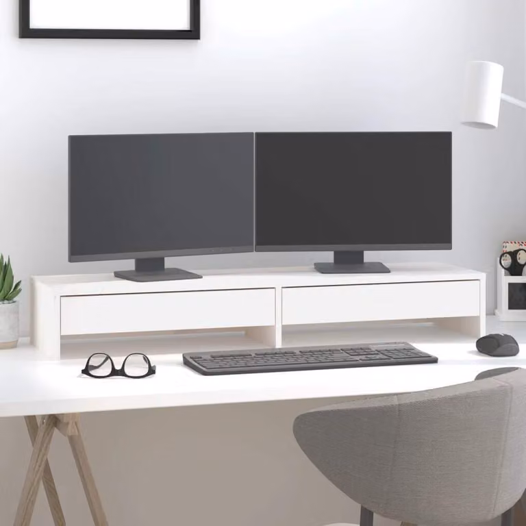 Supporto per Monitor Bianco 100x27x15 cm Legno Massello di Pino