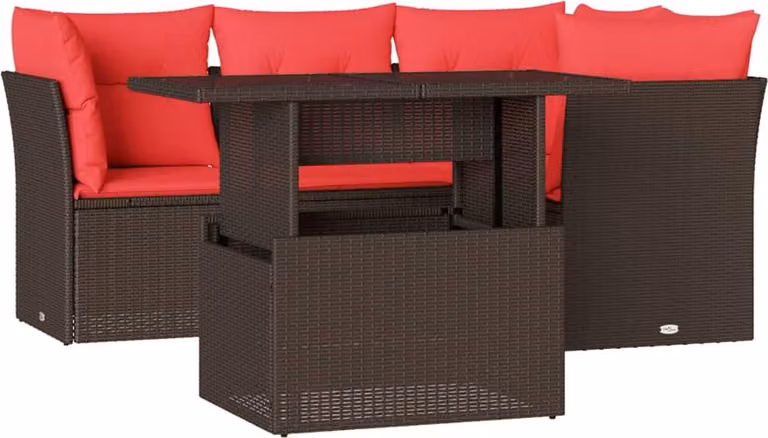 Set Divani da Giardino 5 pz con Cuscini Marrone in Polyrattan
