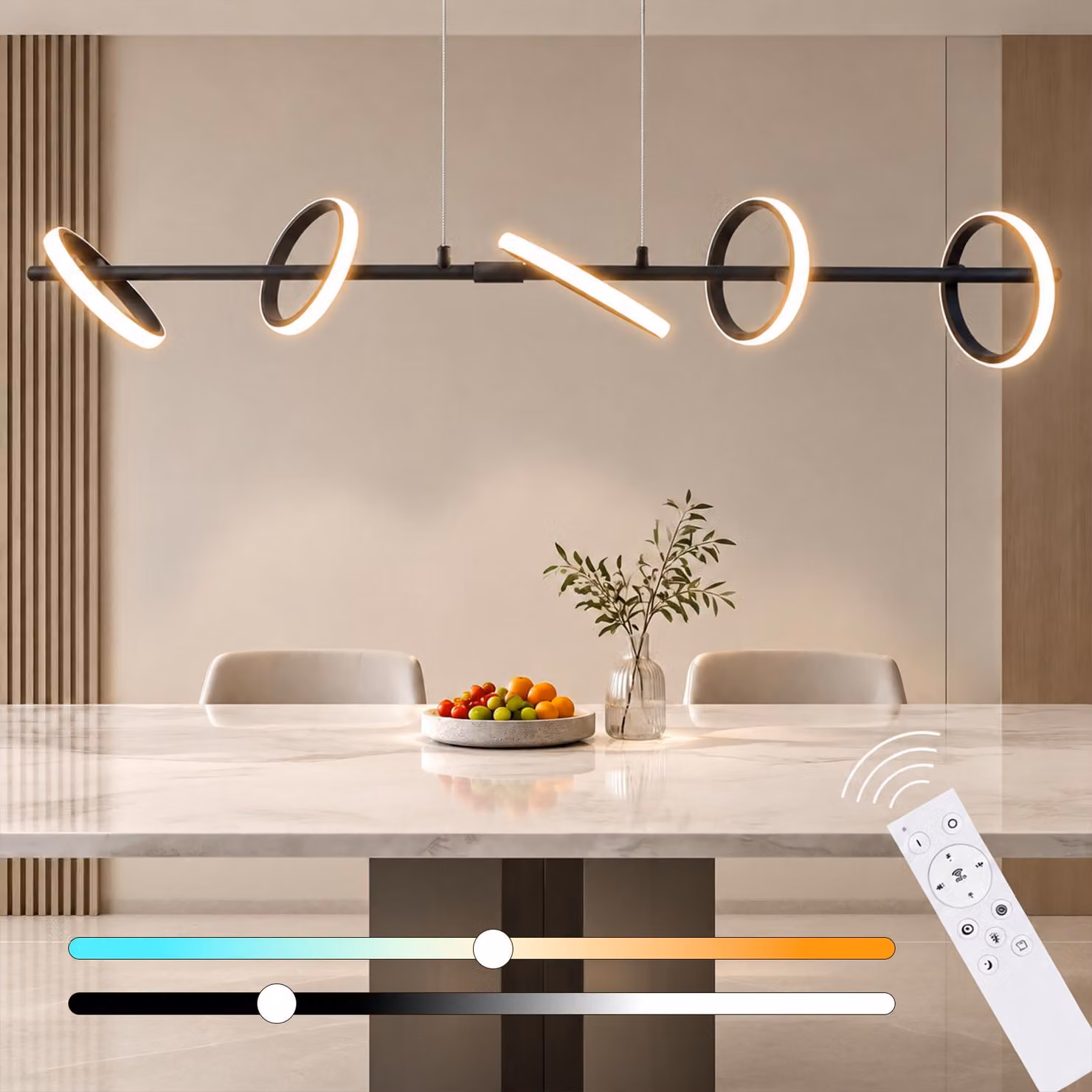 Lampada a sospensione LED ZMH, 162 cm, dimmerabile con telecomando, 42W, colore nero, design moderno, altezza regolabile, ideale per illuminare tavoli da pranzo inda pranzo o soggiorni