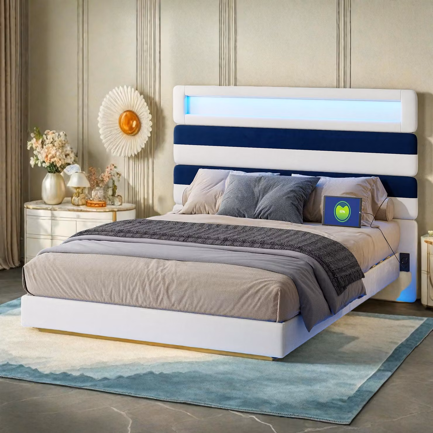 Letto matrimoniale 140x190 cm, testata a righe di velluto bianco e blu, pannello in legno regolabile, porte USB, strisce LED per testata/pediera, caricabatterie UE