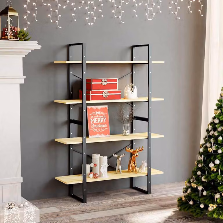 Libreria industriale vidaXL a 4 ripiani in legno massello di pino e metallo, colore marrone, L 100 cm x P 30 cm x H 140 cm