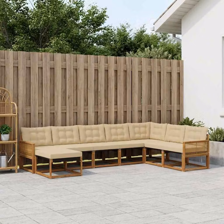 Set di divani da esterno vidaXL a forma di L composto da 8 pezzi in legno di acacia con cuscini beige e marrone per giardino e terrazza