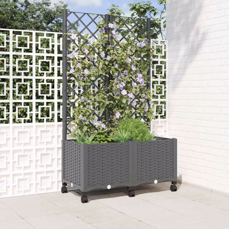 vidaXL Vaso da giardino con grigliato e ruote Grigio Chiaro in plastica H: 146 cm, L: 80 cm, P: 40 cm