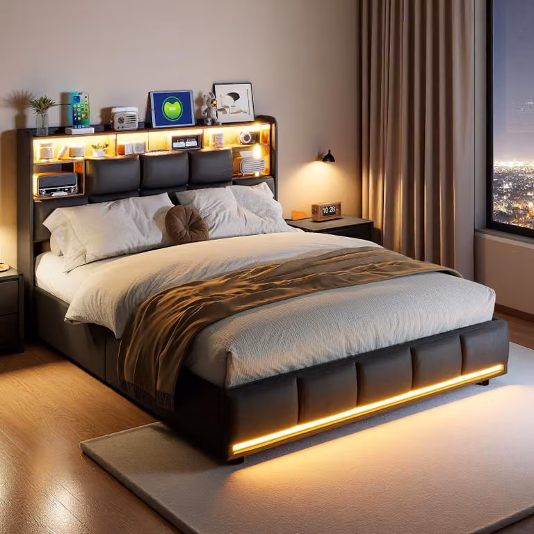Letto imbottito INONEFT 140x190 con LED e USB, letto a molle con contenitore a sollevamento idraulico, letto per ragazzi con spazio contenitivo, testiera, materiale in PU, colore nero