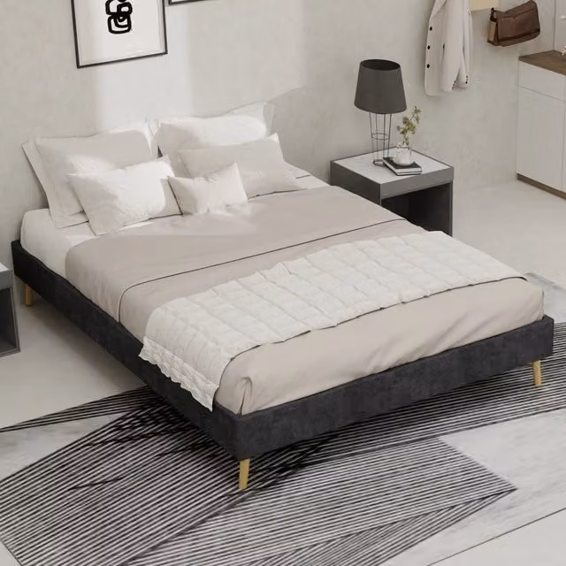 Letto matrimoniale moderno OKWISH in tessuto e metallo grigio, L/P/H: 140 x 200 cm