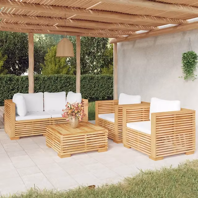 Set di Divani da Giardino vidaXL in Legno di Teak con Cuscini Bianchi 5 Pezzi