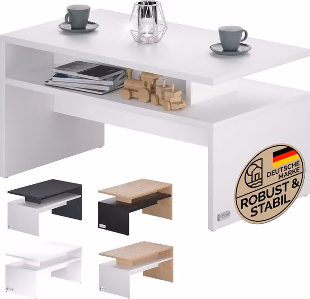 Tavolino Casaria bianco con meccanismo sollevabile e piano rettangolare L: 95 cm, P: 55 cm, H: 50 cm – 1