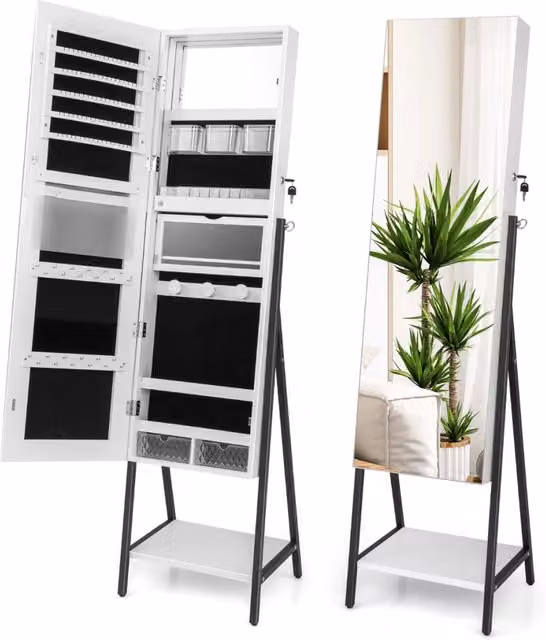 Specchio portagioie da terra con serratura luci LED telaio metallico, Armadietto portagioie 41,5x37x157cm Bianco