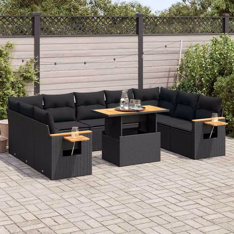 Set Divani da Giardino vidaXL 10 Pezzi a Forma di U in Polyrattan Nero con Cuscini e Tavolino da Caffè in Legno di Acacia