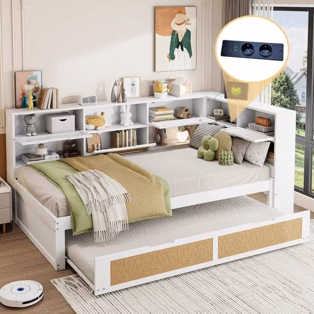 Divano letto in legno 90 x 200 cm con letto estraibile, letto singolo multifunzione per bambini con molti vani contenitore - Bianco