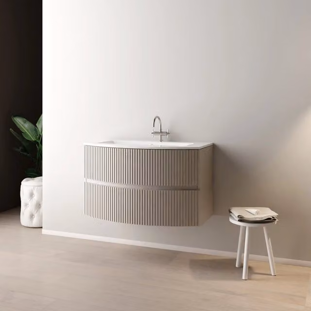 Mobile Bagno Sospeso d'Angolo Moderno MOB Colore Beige o Bianco con Lavabo e Specchio