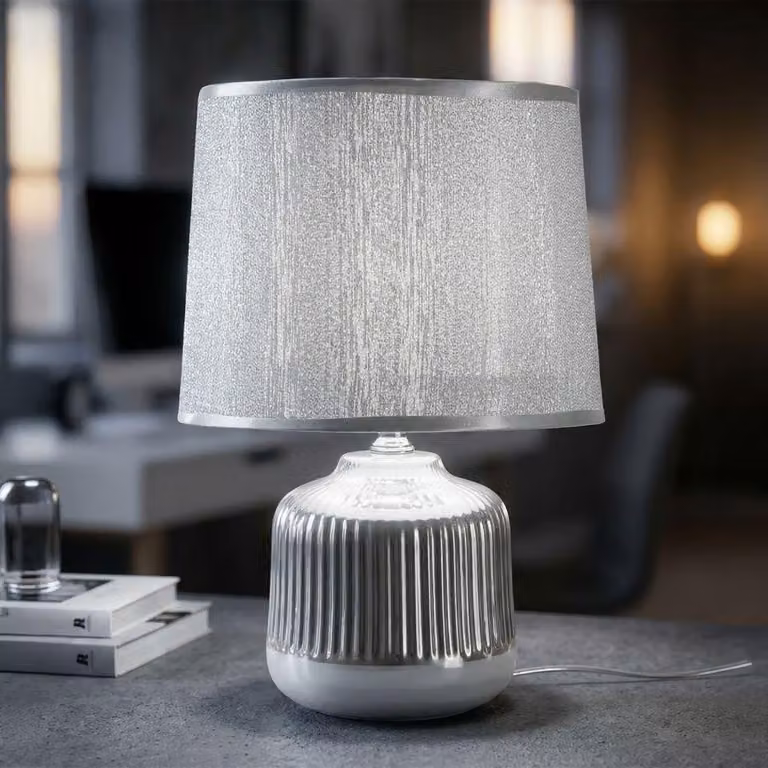 Lampada da tavolo Mauro Ferretti Lucina, attacco E14, diametro 20 cm, altezza 29 cm, colore bianco argentato