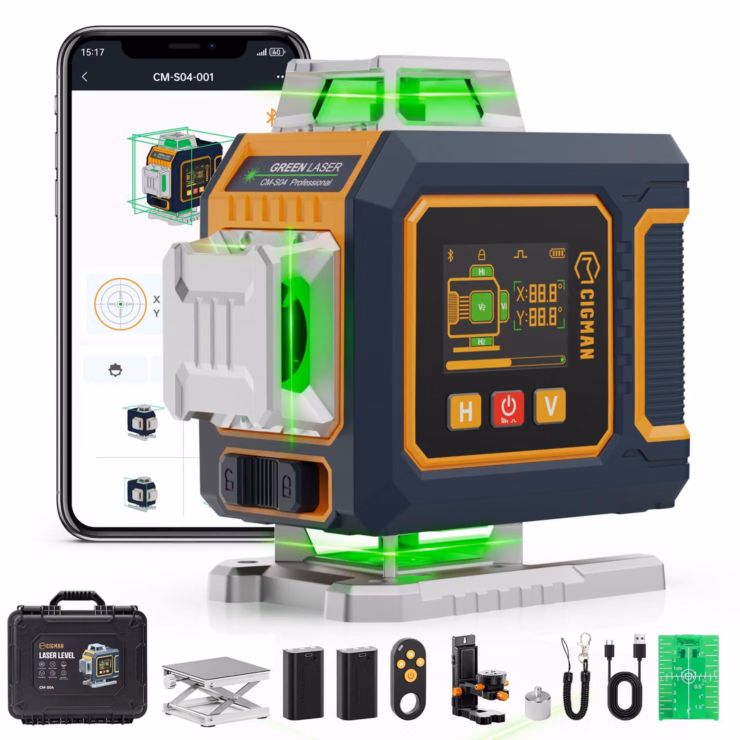 Livella laser a croce verde - 4 linee a 360 gradi - Autolivellante - Materiale: plastica ABS - Adatta per interni ed esterni