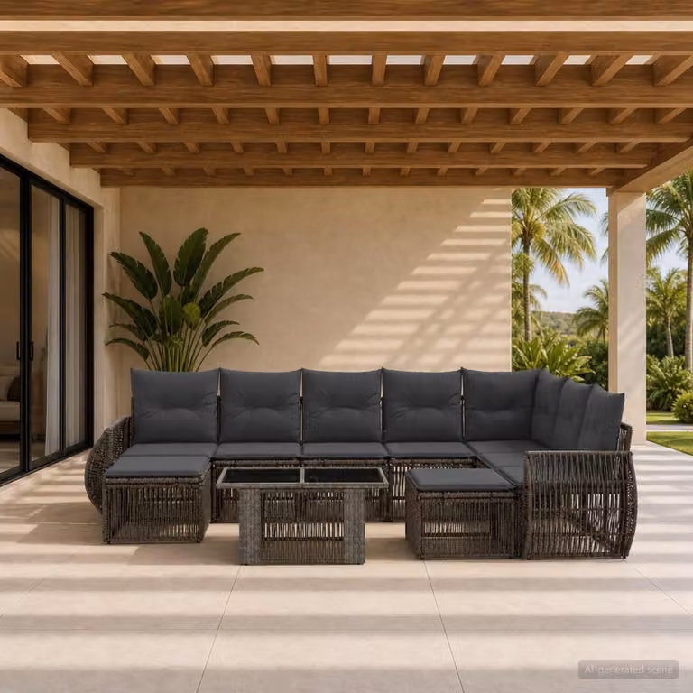 Set Divano da Giardino vidaXL 10 Pezzi in Polyrattan Grigio e Antracite con Tavolino e Cuscini