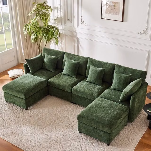 Divano panoramico modulare MIVRAY in ciniglia verde con 2 pouf e 6 cuscini, configurabile a U o L, L/P/H: 278 x 81 x 161 cm