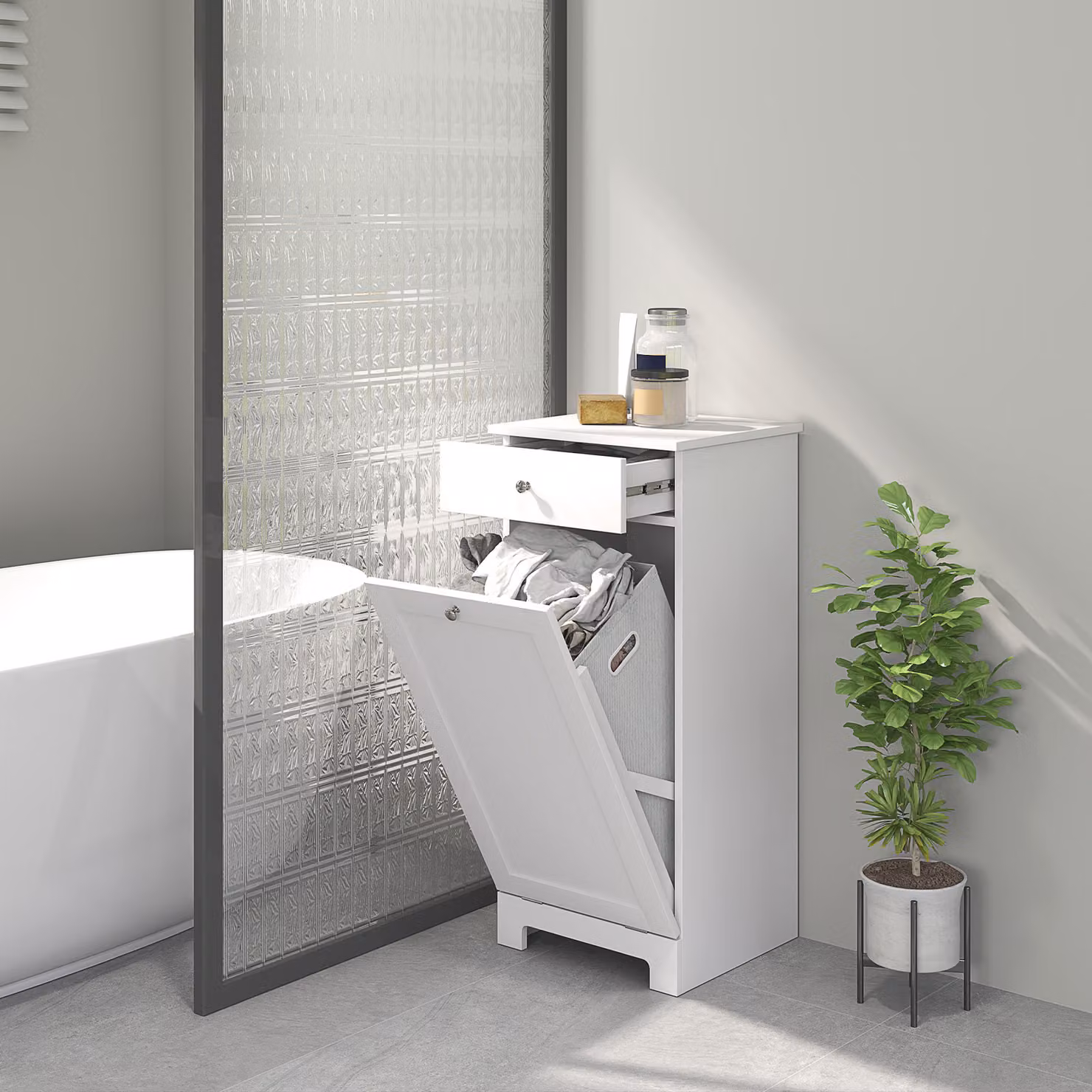 Armadio da Bagno HOMCOM Bianco con Cesto Porta Biancheria Ribaltabile e Cassetto L/P/H: 40 x 38 x 90 cm – 2
