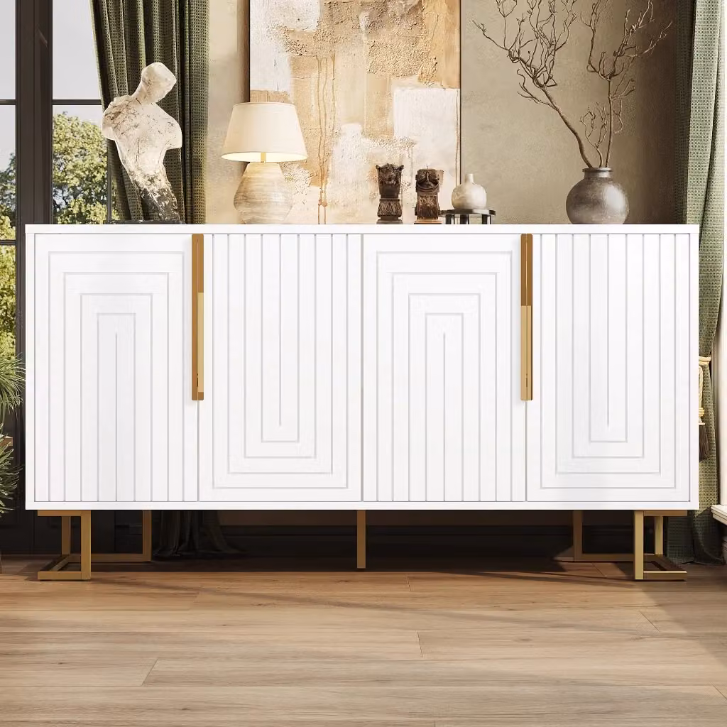 Credenza MIVRAY moderna in MDF bianco lucido con 2 ante a motivo geometrico e 4 vani, piedini regolabili in metallo, L: 152 cm, P: 40 cm, H: 75 cm – 2