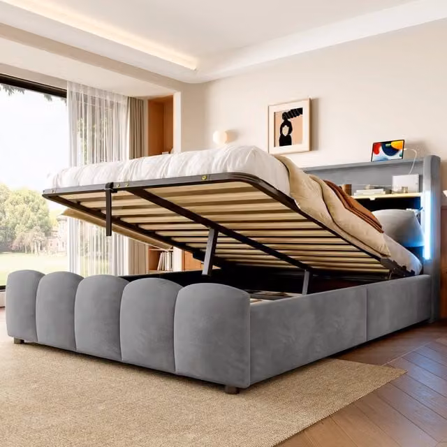 Letto Contenitore REDOM in Velluto Grigio con LED e Porte USB/Type-C L/P: 140 x 200 cm – 1