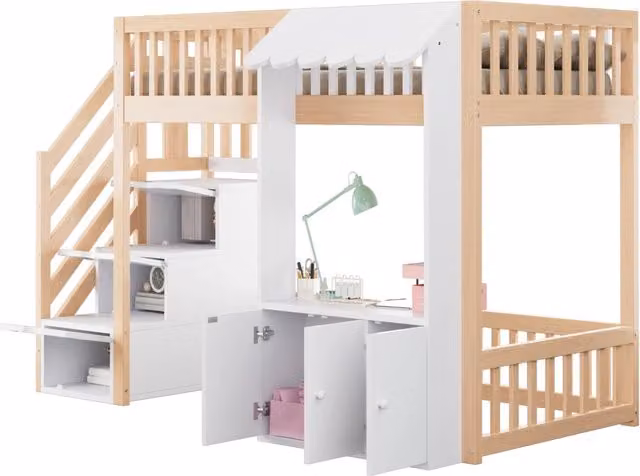 Letto a soppalco 90x200 cm con scala contenitore e LED multicolore in pino e MDF; naturale