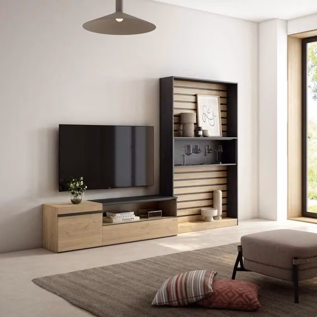 Mobile TV, Soggiorno, 260x35x186cm, Per TV fino a 65", Set di mobili, colore Rovere e nero RF2538