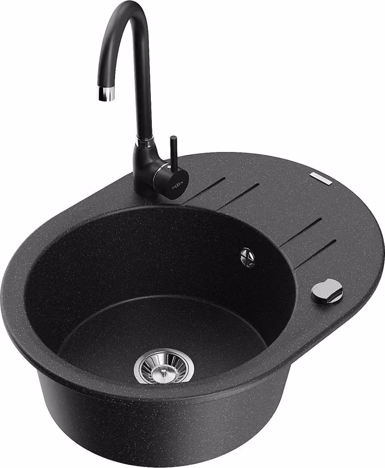 Mexen Kevin lavello in granito 1 vasca con gocciolatoio e miscelatore cucina Telma, nero/argento metallizzato