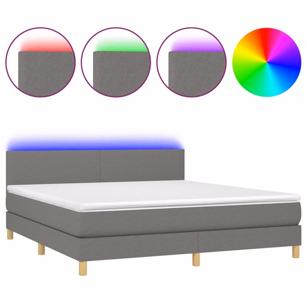 Letto a Molle Materasso e LED Grigio Scuro 160x200cm in Tessuto
