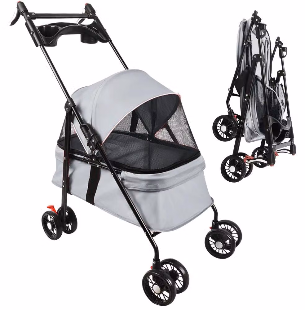 Carrozzina per cani, culla rimovibile, cesto portaoggetti, GRIGIO
