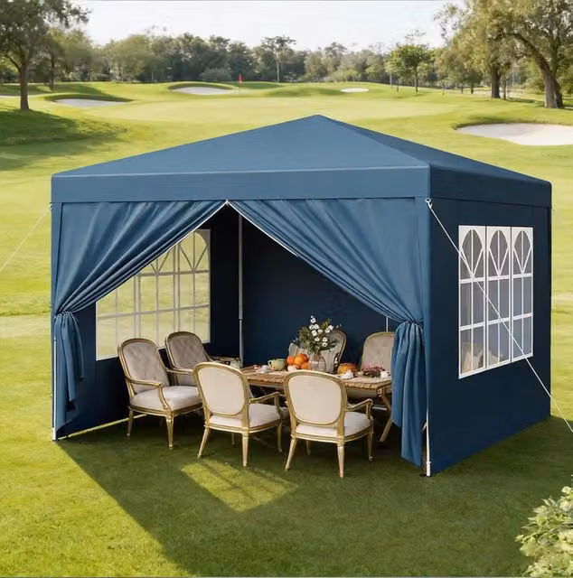 Gazebo pieghevole ULEVR 3x3 m blu con tetto Oxford 210D, pareti laterali e altezza regolabile