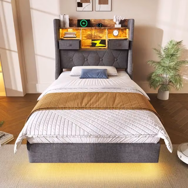 Letto singolo 90x200 cm con illuminazione LED; testiera contenitore; lino grigio e prese USB