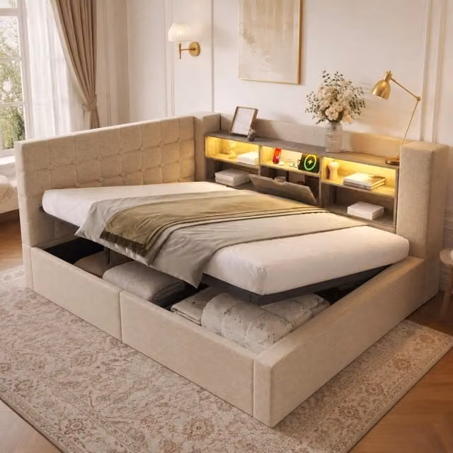 Letto contenitore Mivray con testiera a L reversibile, illuminazione LED, porte USB e mensola integrata, rivestito in tessuto beige, L/P: 140 x 200 cm