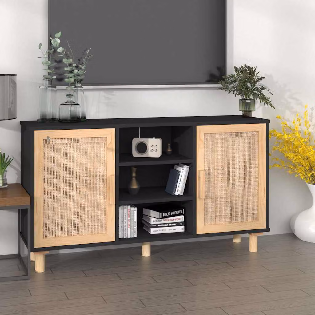 Credenza moderna vidaXL in legno di pino massello e rattan naturale, colore nero, L 105 cm x P 30 cm x H 60 cm
