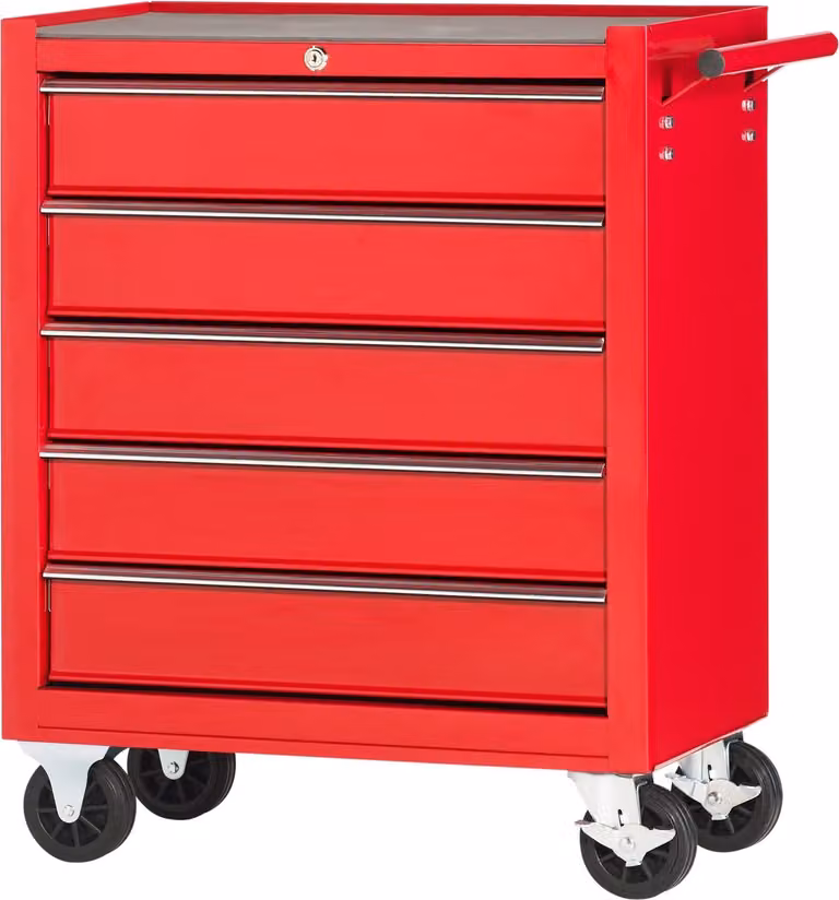 Carrello da officina, singolo con 5 cassetti, rosso