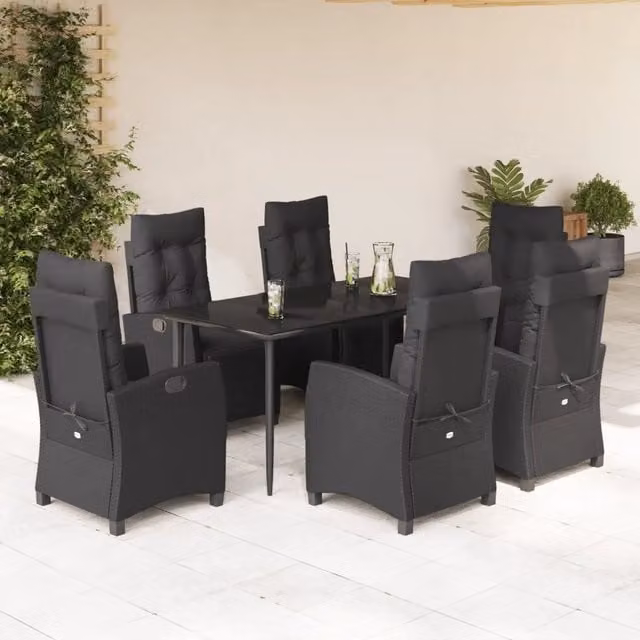 Set da Pranzo da Giardino VIDAXL in Polyrattan Nero con Piano in Vetro e 7 Sedute