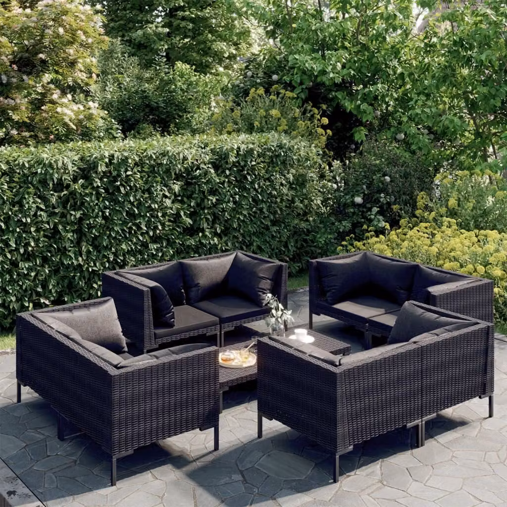 The Living Store Set 9 pezzi da giardino con cuscini in poly rattan grigio scuro