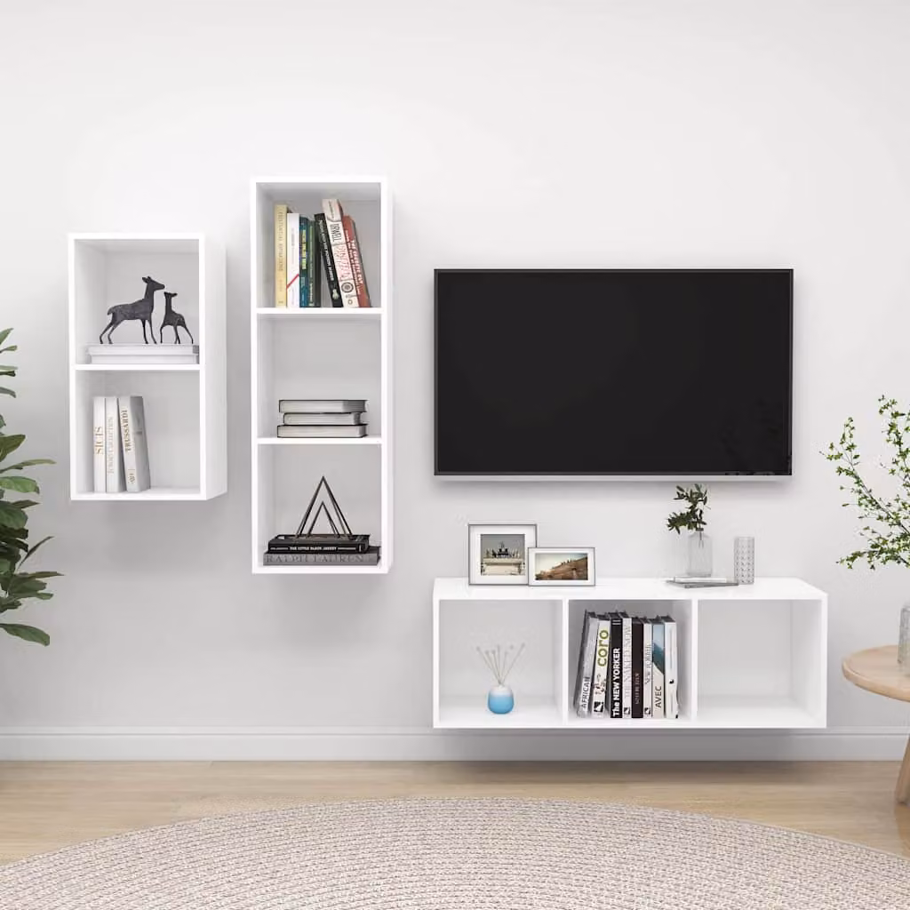 Set Mobili Porta TV 3 Pezzi vidaXL in Legno e MDF Bianco Opaco