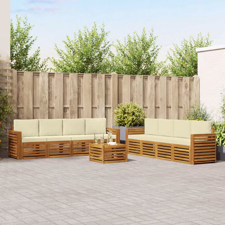 vidaXL Set di divani da esterno a forma di U composto da 9 pezzi in legno di acacia con cuscini, colori beige, bianco e marrone