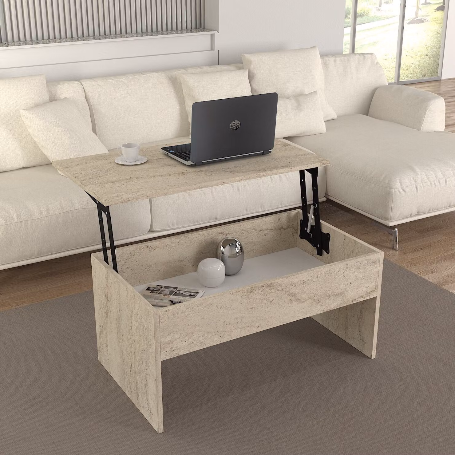Skye Decor, Akilli, tavolini, travertino, truciolato melaminico, 90 x 52 x 45 cm