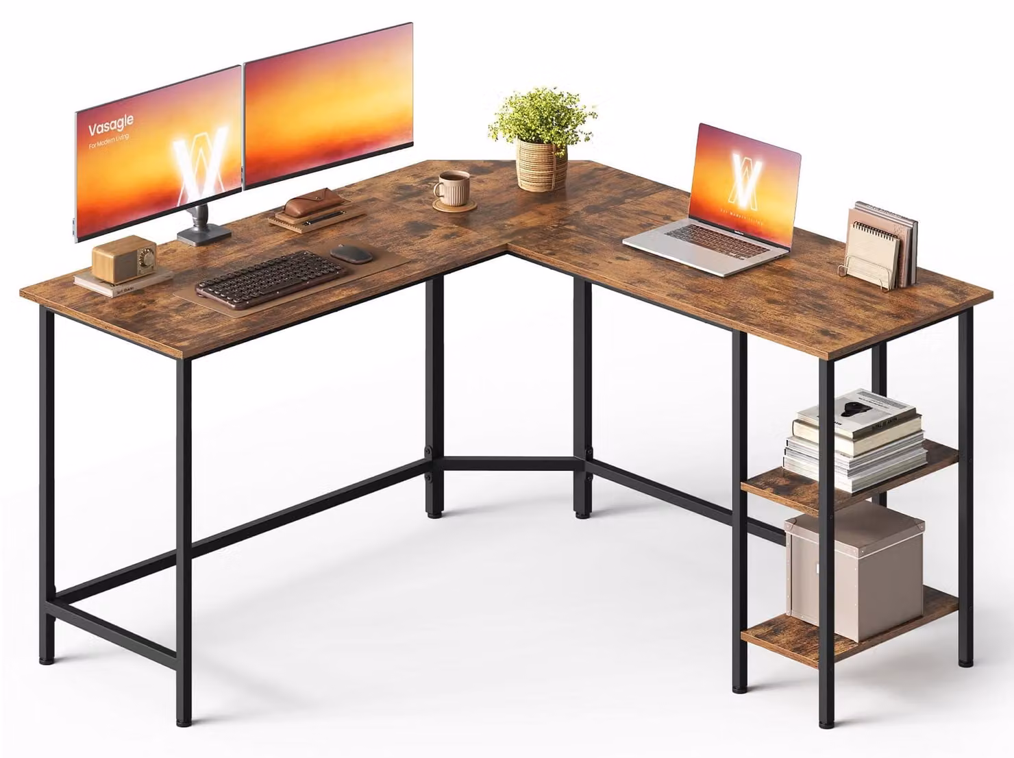 Scrivania a forma di L, dimensioni 138x138 cm, con 2 ripiani, colore marrone vintage
