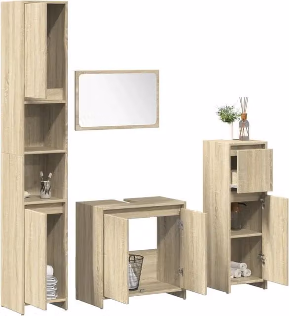 Set di mobili da bagno moderno vidaXL in legno e vetro, colore marrone e beige, composto da mobile lavabo, armadietto con specchio, mobile alto e pensile, H x L x P: 183.5 x 60.0 x 33.0 cm
