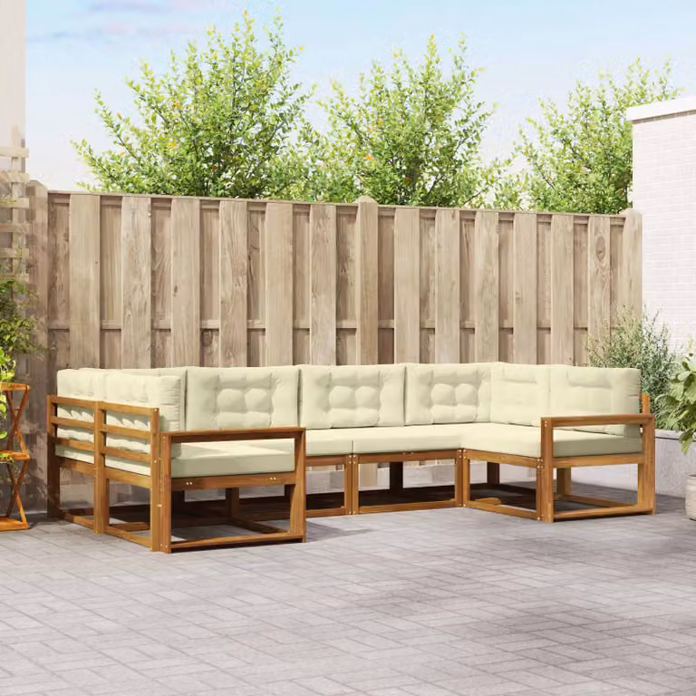 Set di divani da esterno vidaXL a forma di L in legno di acacia con cuscini, 6 pezzi, Marrone e Beige
